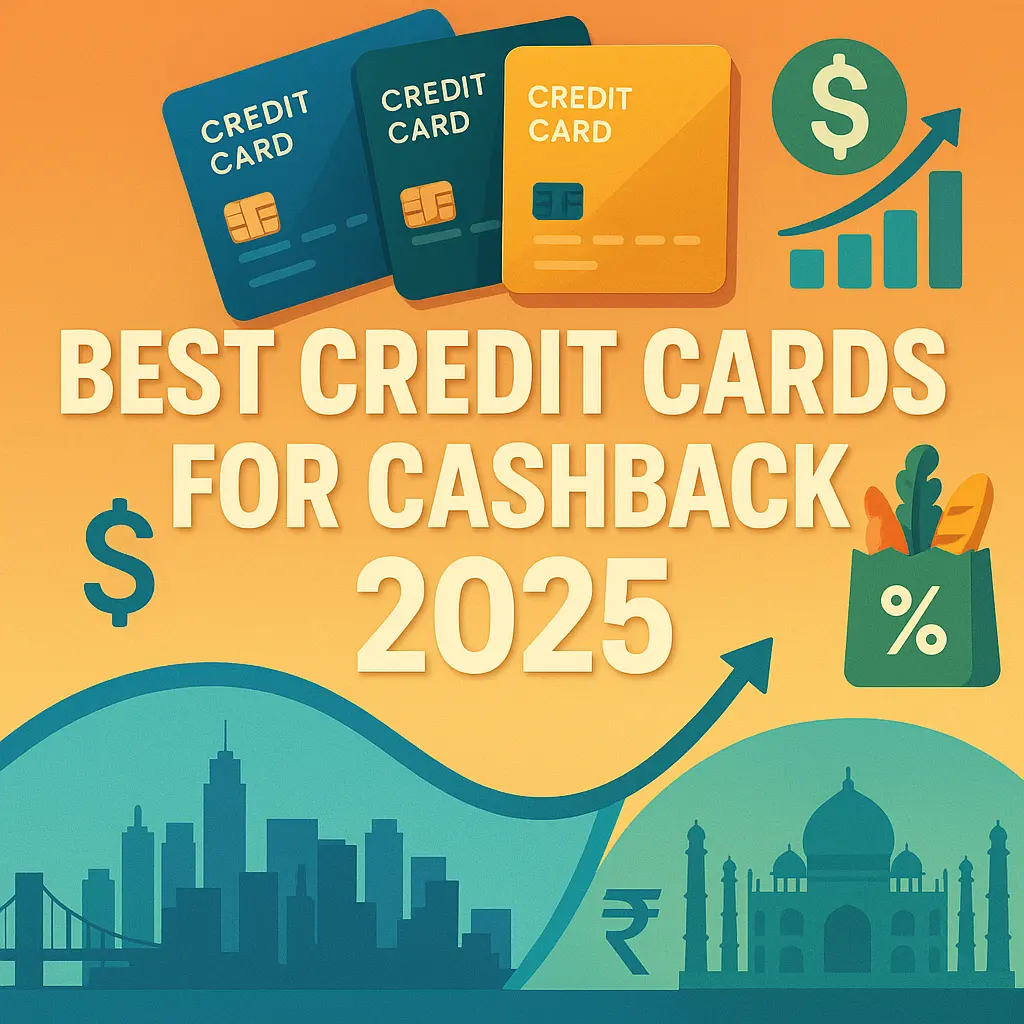 Illustration showing the best credit cards for cashback in 2025 with dollar and rupee signs, credit cards, groceries, rising chart, and city landmarks of India and USA