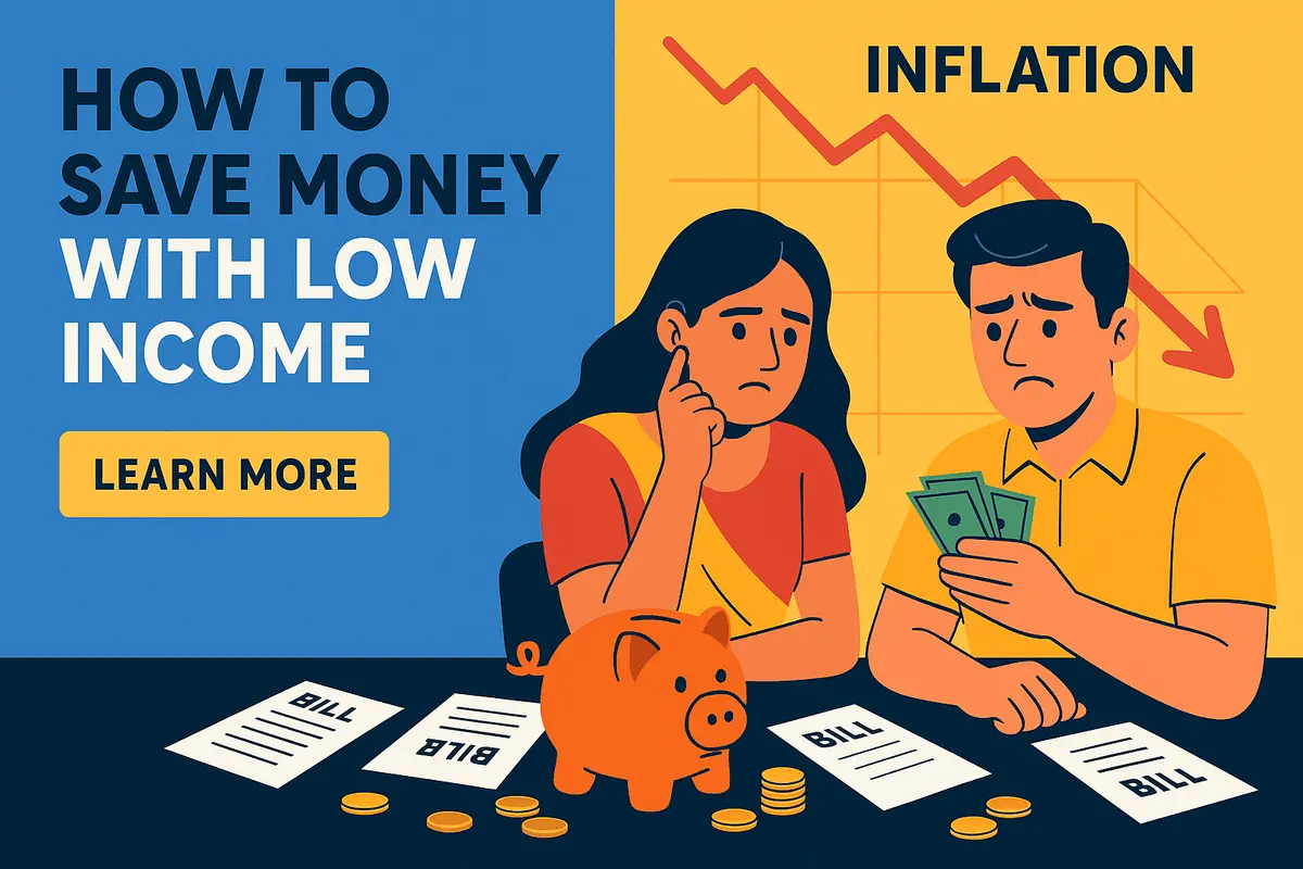 how to save money with low income, showing a worried Indian middle-class couple surrounded by bills, coins, and a nearly empty piggy bank, highlighting financial stress from inflation.