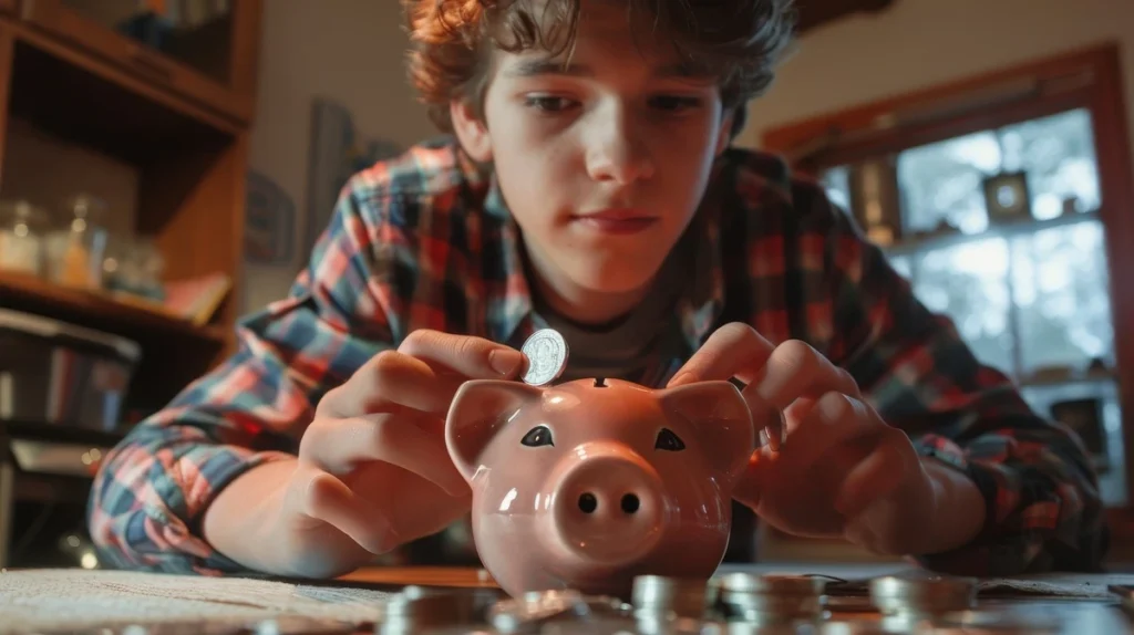 Teen boy placing a coin into a pink piggy bank while sitting at a table with stacks of coins, symbolizing saving money and building good financial habits