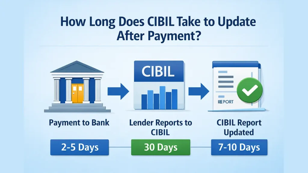 How long does CIBIL take to update after payment timeline showing bank reporting and 30–45 day update process